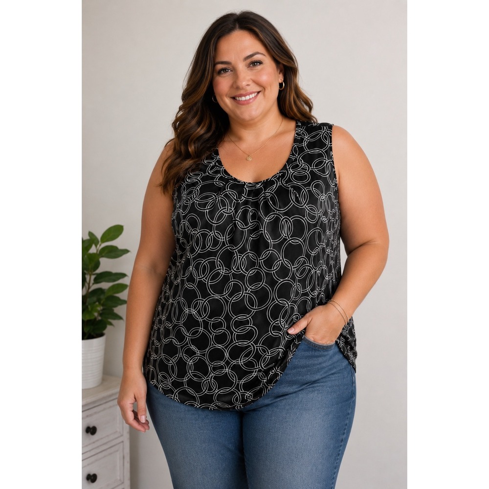 Lane Bryant Size 20 Black White Geometric Circle Print Sleeveless Pleated Blouse